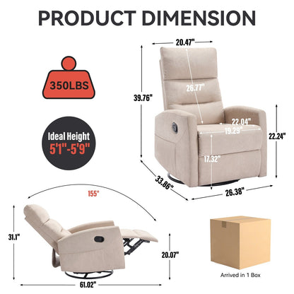 Manual Recliner Chair with Rocker and Swivel, Breathable Fabric Reclining Chair, Recliners for Small Spaces