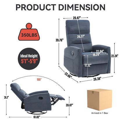 Manual Recliner Chair with Rocker and Swivel, Breathable Fabric Reclining Chair, Recliners for Small Spaces
