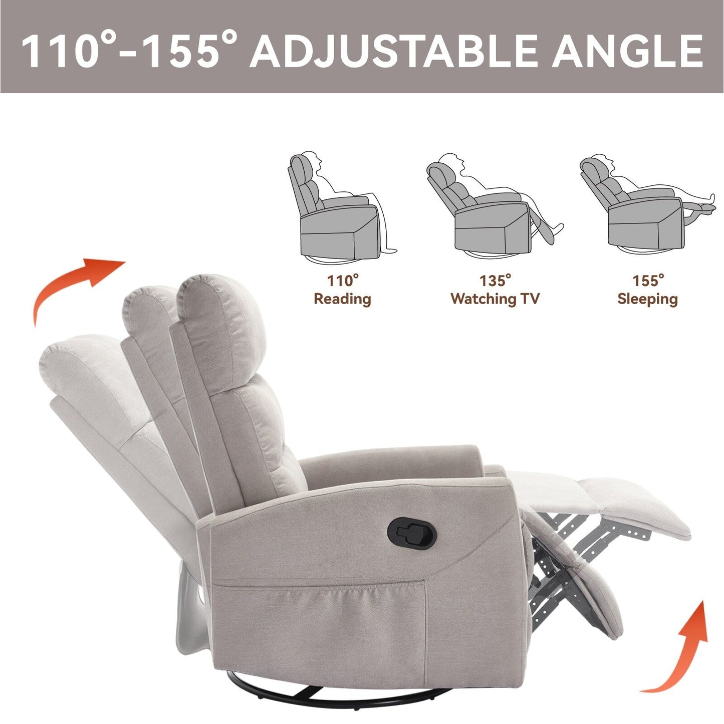 Manual Recliner Chair with Rocker and Swivel, Breathable Fabric Reclining Chair, Recliners for Small Spaces