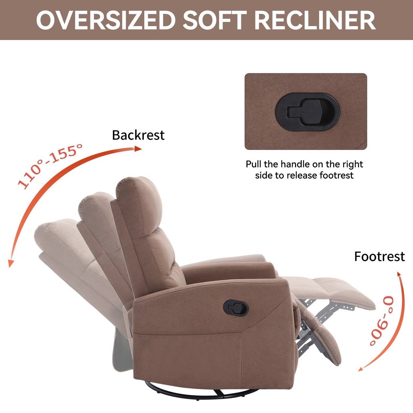 Manual Recliner Chair with Rocker and Swivel, Breathable Fabric Reclining Chair, Recliners for Small Spaces