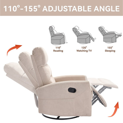 Manual Recliner Chair with Rocker and Swivel, Breathable Fabric Reclining Chair, Recliners for Small Spaces