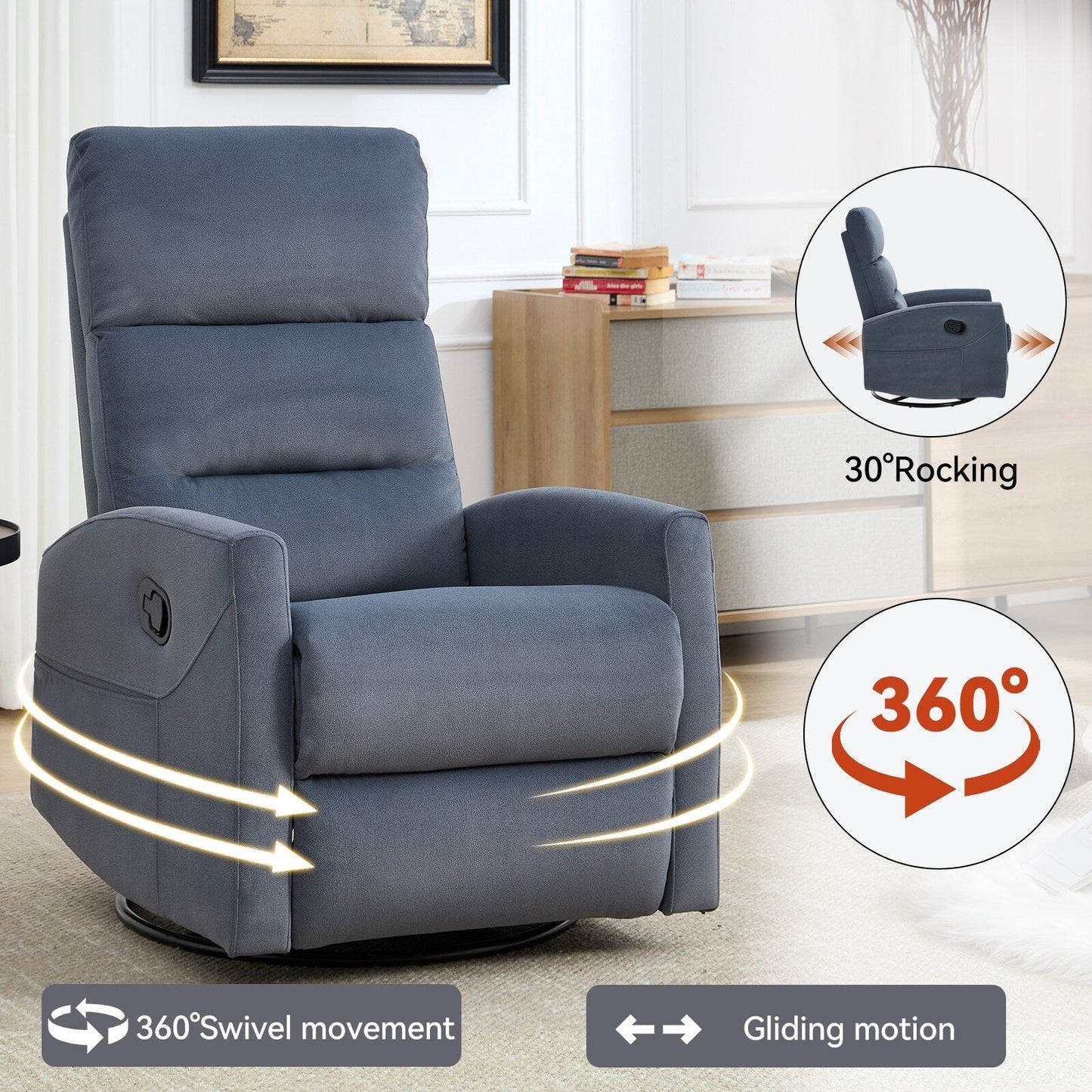 Manual Recliner Chair with Rocker and Swivel, Breathable Fabric Reclining Chair, Recliners for Small Spaces