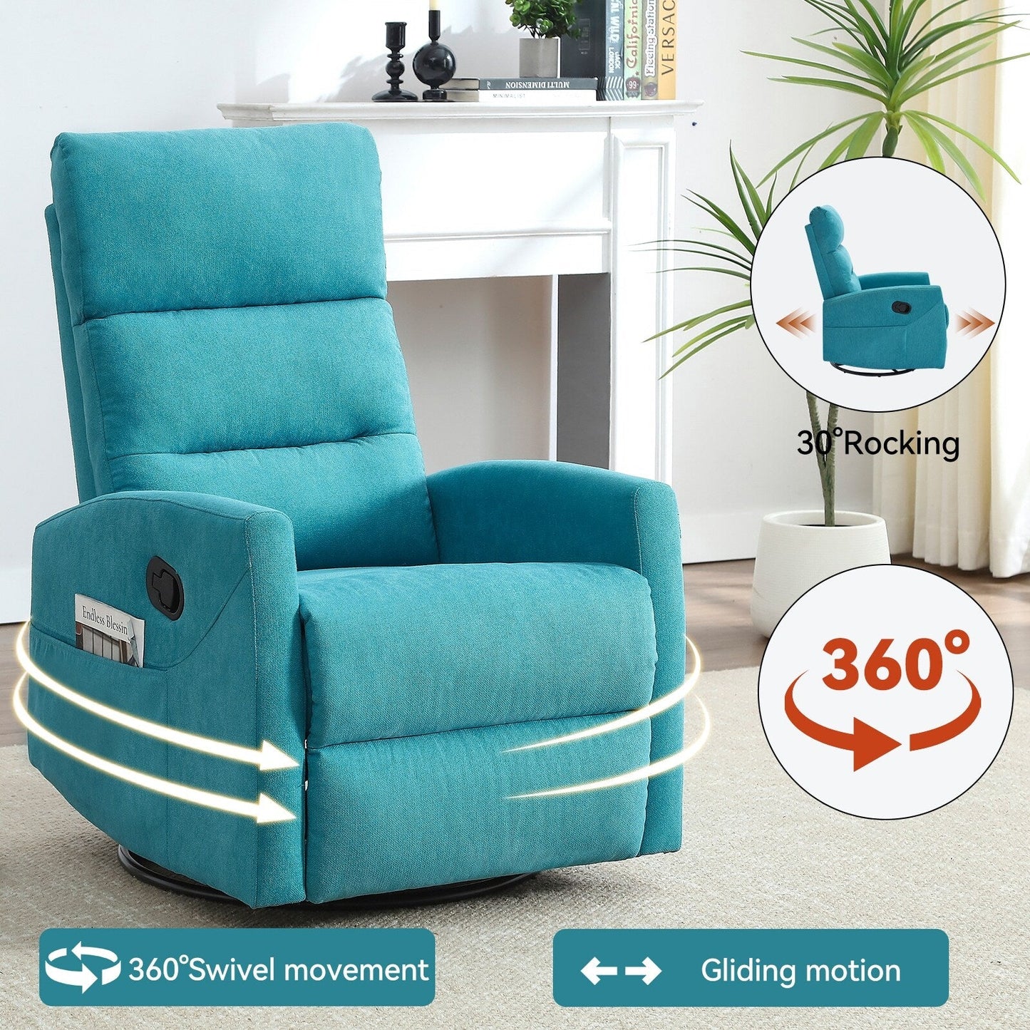 Manual Recliner Chair with Rocker and Swivel, Breathable Fabric Reclining Chair, Recliners for Small Spaces