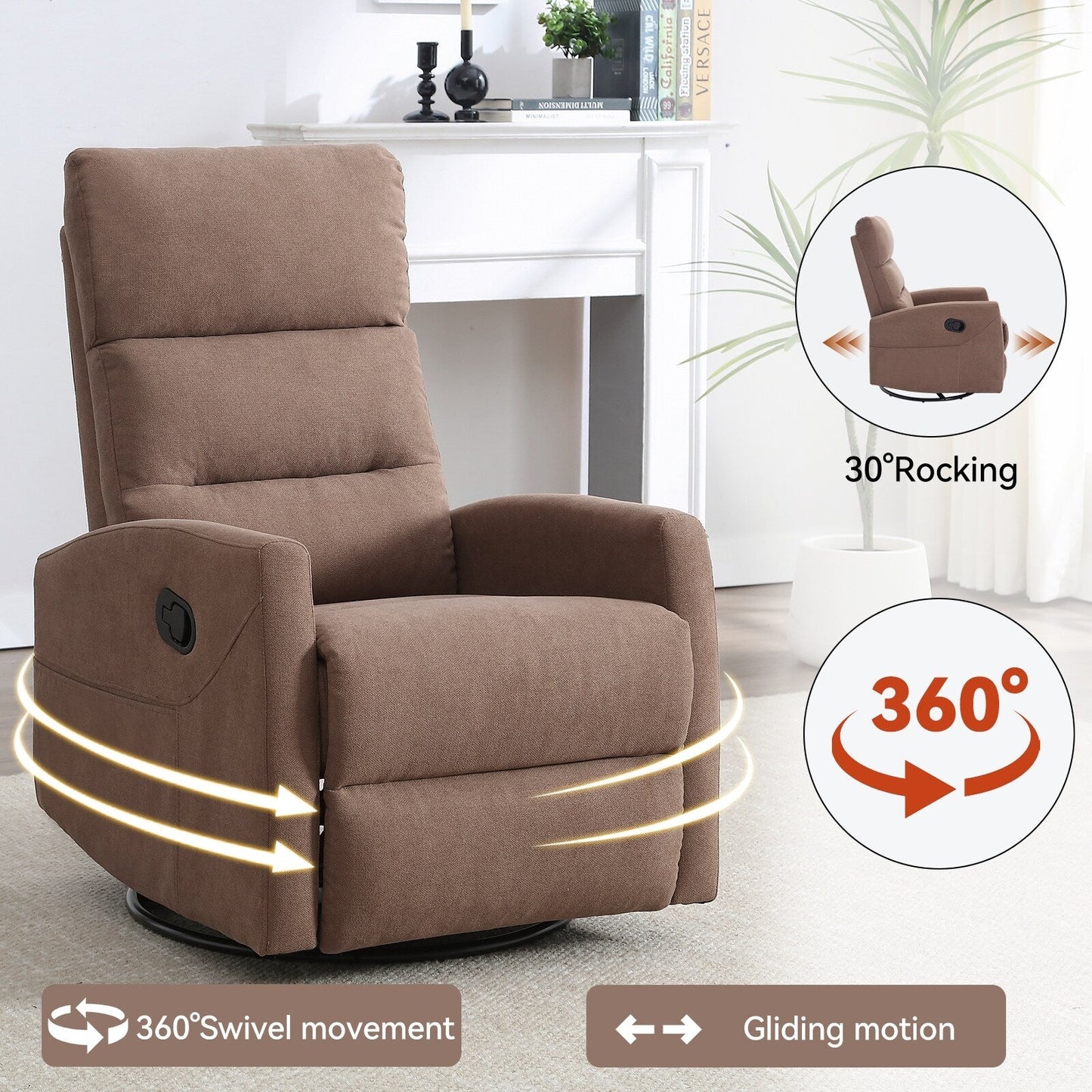 Manual Recliner Chair with Rocker and Swivel, Breathable Fabric Reclining Chair, Recliners for Small Spaces