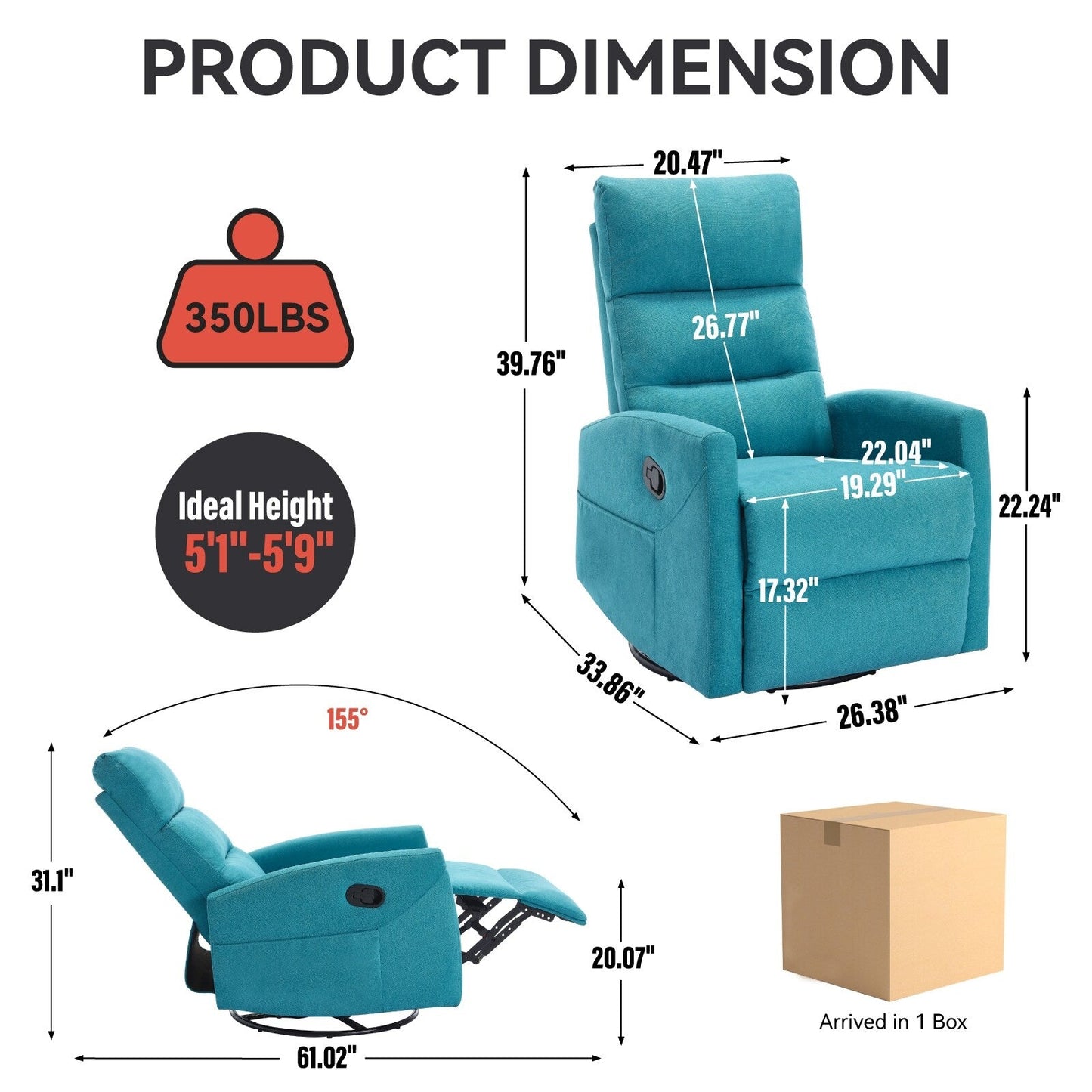 Manual Recliner Chair with Rocker and Swivel, Breathable Fabric Reclining Chair, Recliners for Small Spaces