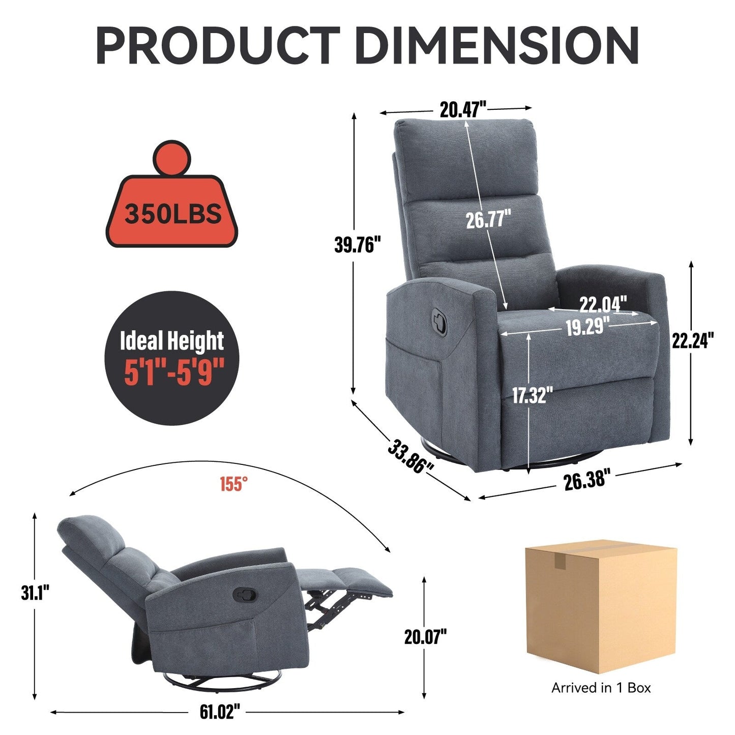 Manual Recliner Chair with Rocker and Swivel, Breathable Fabric Reclining Chair, Recliners for Small Spaces