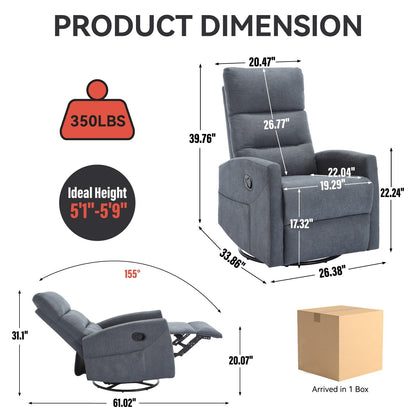 Manual Recliner Chair with Rocker and Swivel, Breathable Fabric Reclining Chair, Recliners for Small Spaces