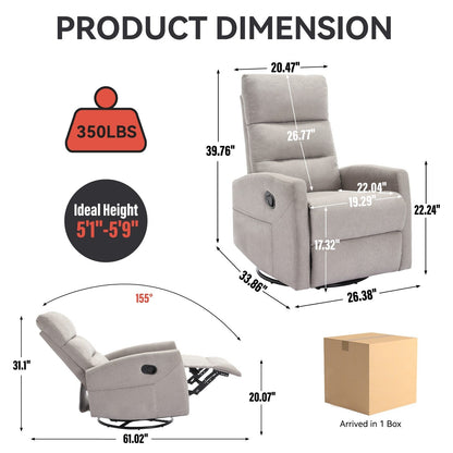 Manual Recliner Chair with Rocker and Swivel, Breathable Fabric Reclining Chair, Recliners for Small Spaces