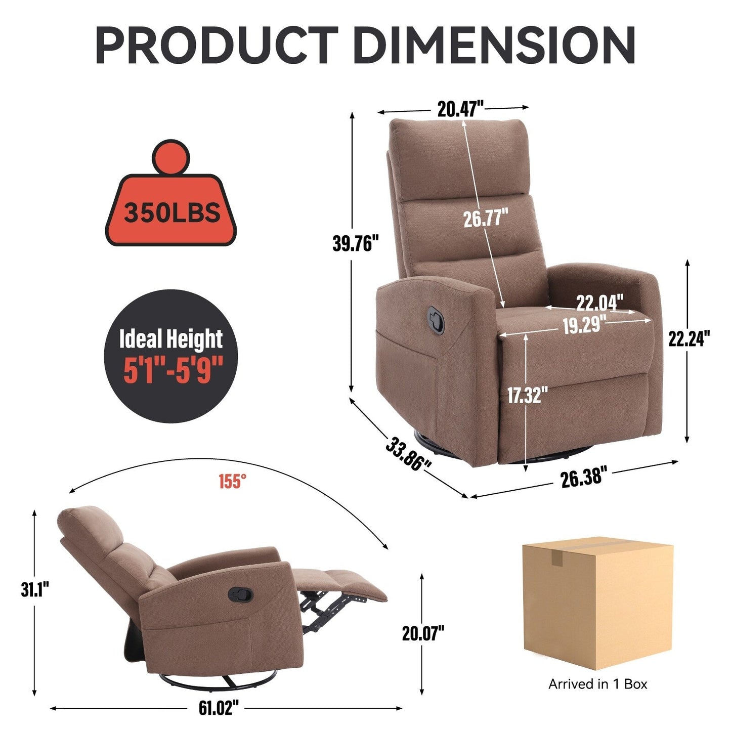 Manual Recliner Chair with Rocker and Swivel, Breathable Fabric Reclining Chair, Recliners for Small Spaces