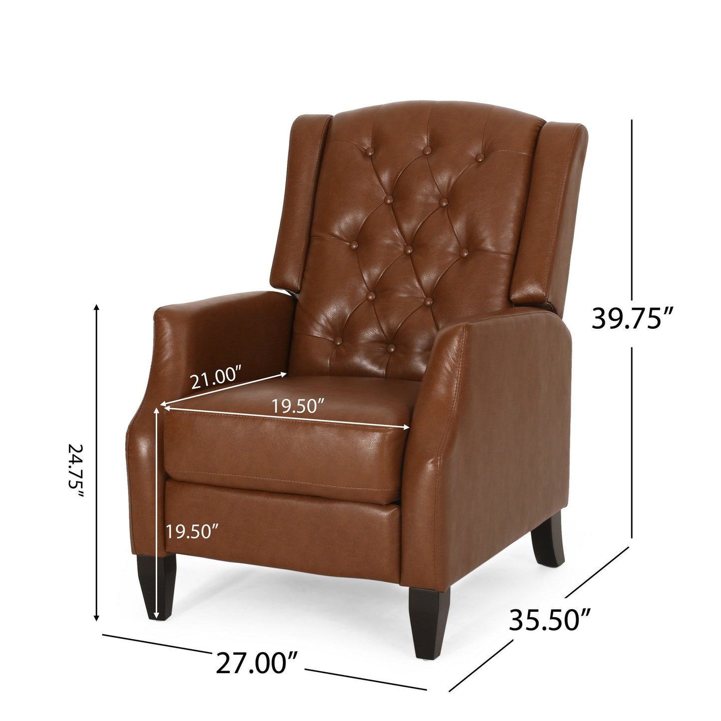 Manual Recliner Chair, Diamond Stitch, Birch Wood, Brown Faux Leather