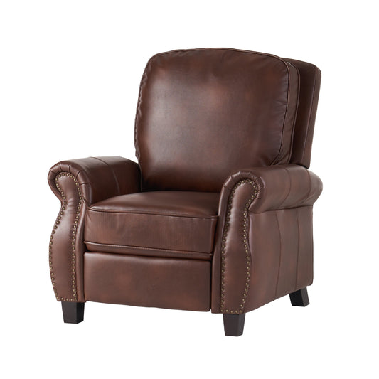 Manual Recliner Chair, Push Back Design, Classic Brown Faux Leather