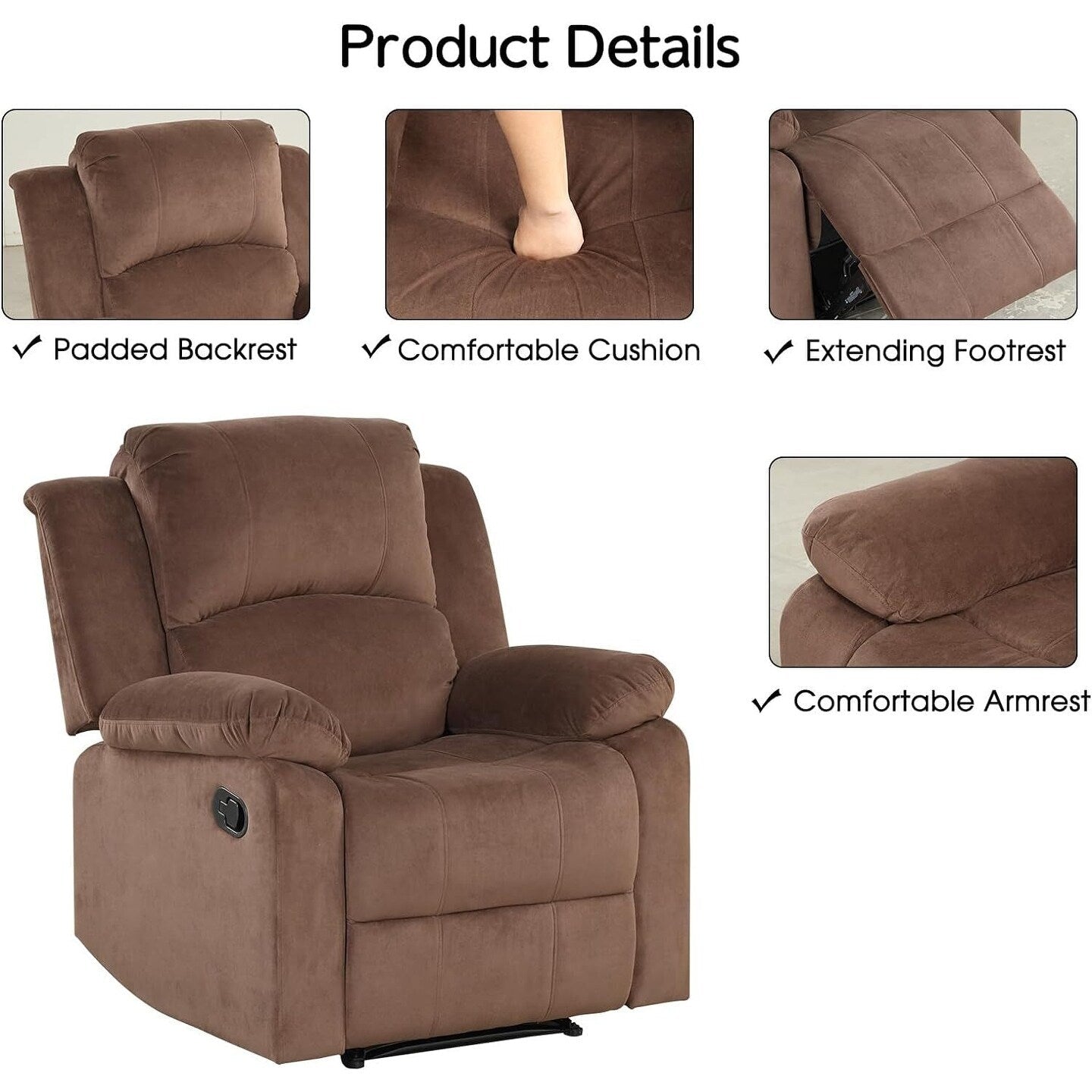Manual Recliner Chair, Soft Fabric Overstuffed Recliner Single Sofa Chair for Living Room Bedroom