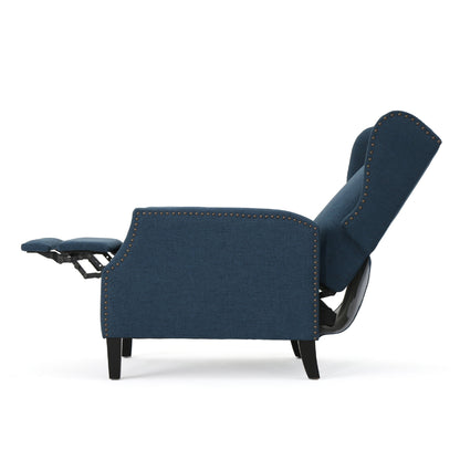 Manual Recliner Chair, Wingback and Nailhead Trim, Navy Blue Polyester