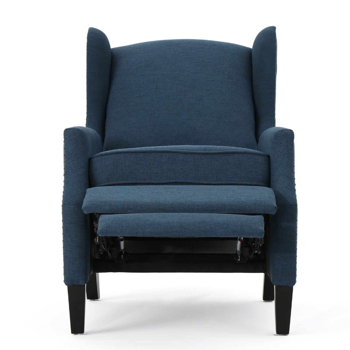 Manual Recliner Chair, Wingback and Nailhead Trim, Navy Blue Polyester