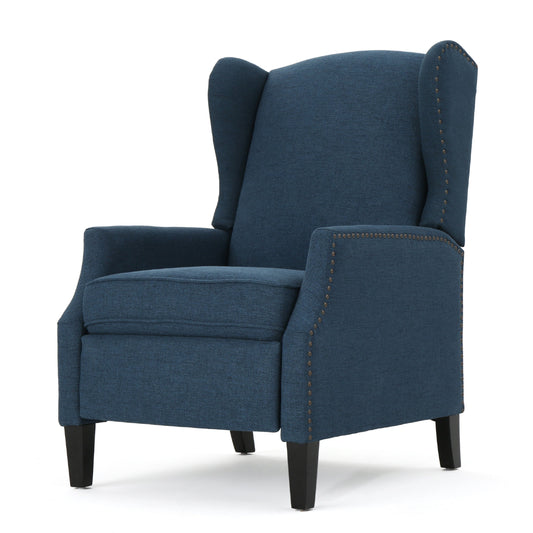 Manual Recliner Chair, Wingback and Nailhead Trim, Navy Blue Polyester