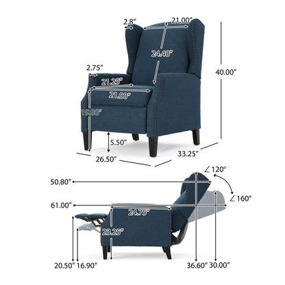 Manual Recliner Chair, Wingback and Nailhead Trim, Navy Blue Polyester