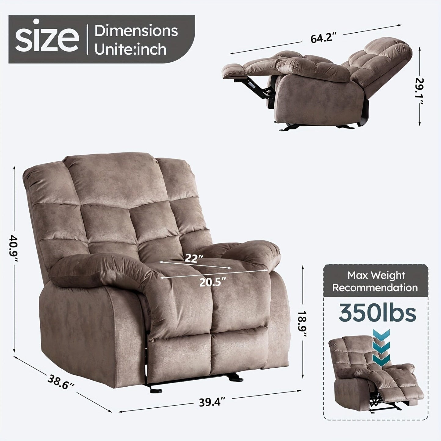 Manual Recliner Overstuffed Breathable Fabric Sofa for Living Room