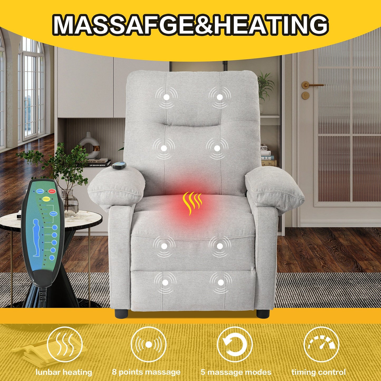 Manual Recliner with Massage and Heating, Sturdy Solid Wood Frame, and Comfortable Fabric Upholstery