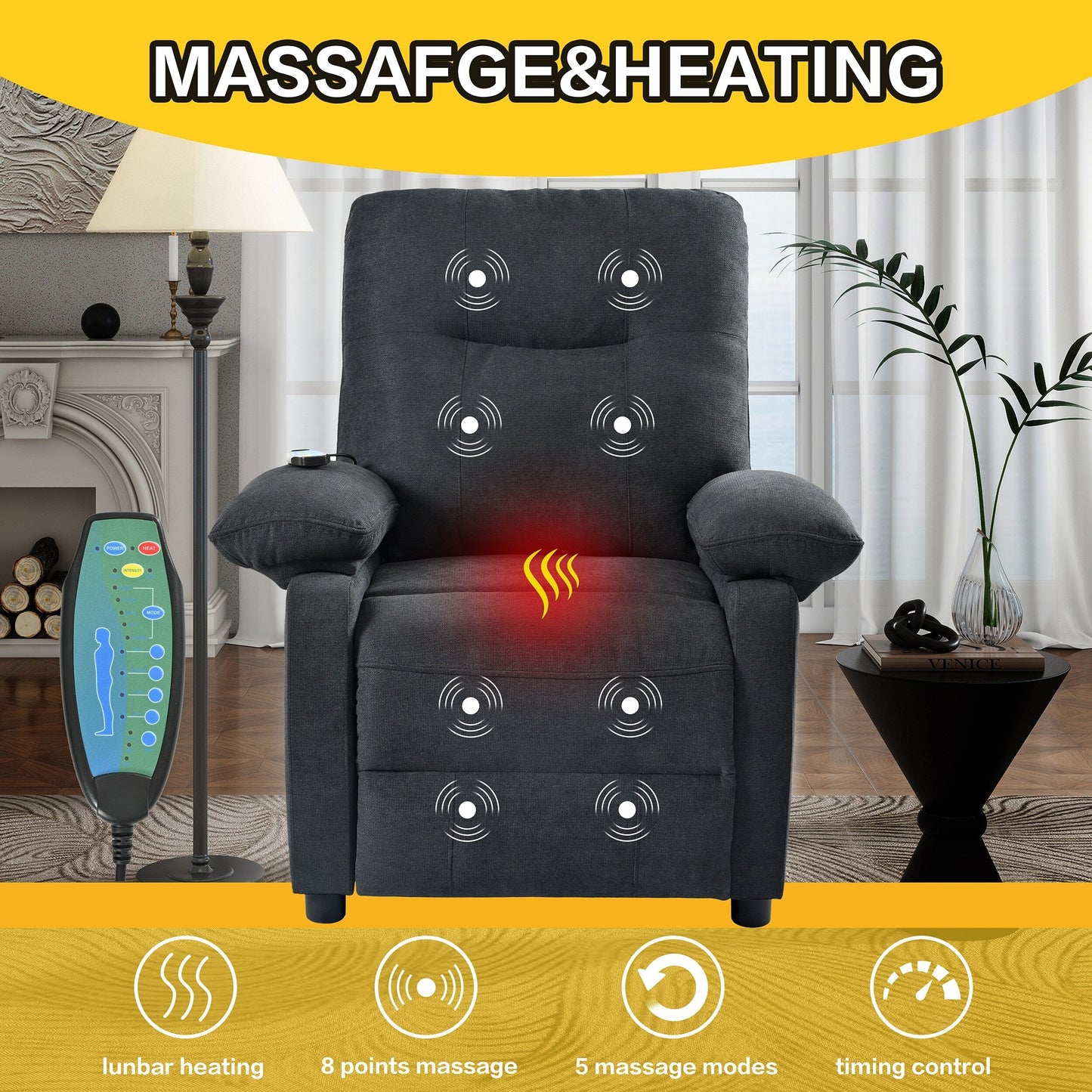 Manual Recliner with Massage and Heating, Sturdy Solid Wood Frame, and Comfortable Fabric Upholstery