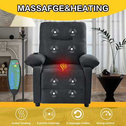 Manual Recliner with Massage and Heating, Sturdy Solid Wood Frame, and Comfortable Fabric Upholstery