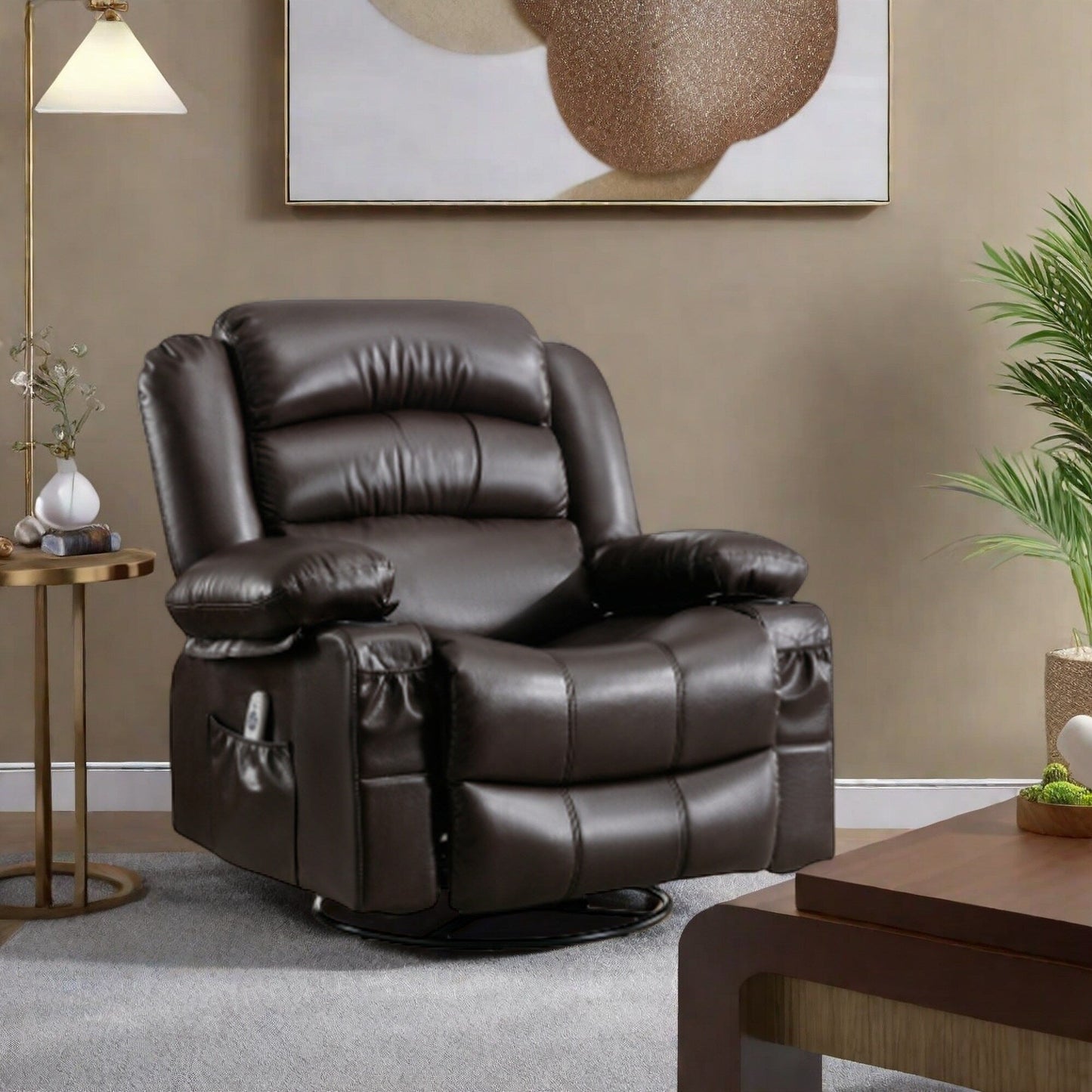 Manual Reclining PU Leather Massage Chair with Heat, 360° Swivel, Rocking, and Large Storage Pockets