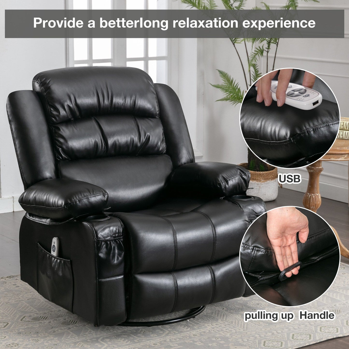 Manual Reclining PU Leather Massage Chair with Heat, 360° Swivel, Rocking, and Large Storage Pockets