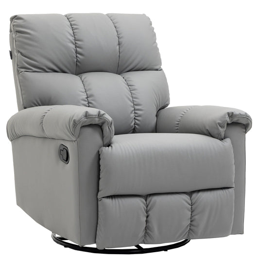 Manual Reclining Rocker Chair with Overstuffed Cushion, Faux Leather Upholstery, 360° Swivel, and Extendable Footrest