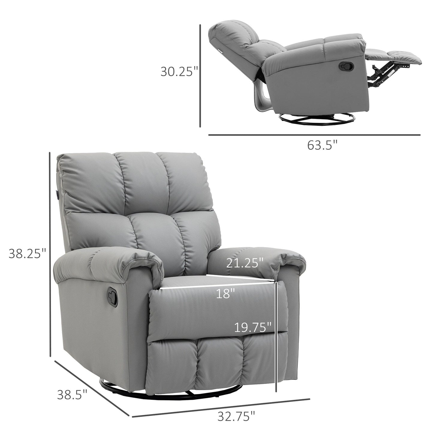 Manual Reclining Rocker Chair with Overstuffed Cushion, Faux Leather Upholstery, 360° Swivel, and Extendable Footrest