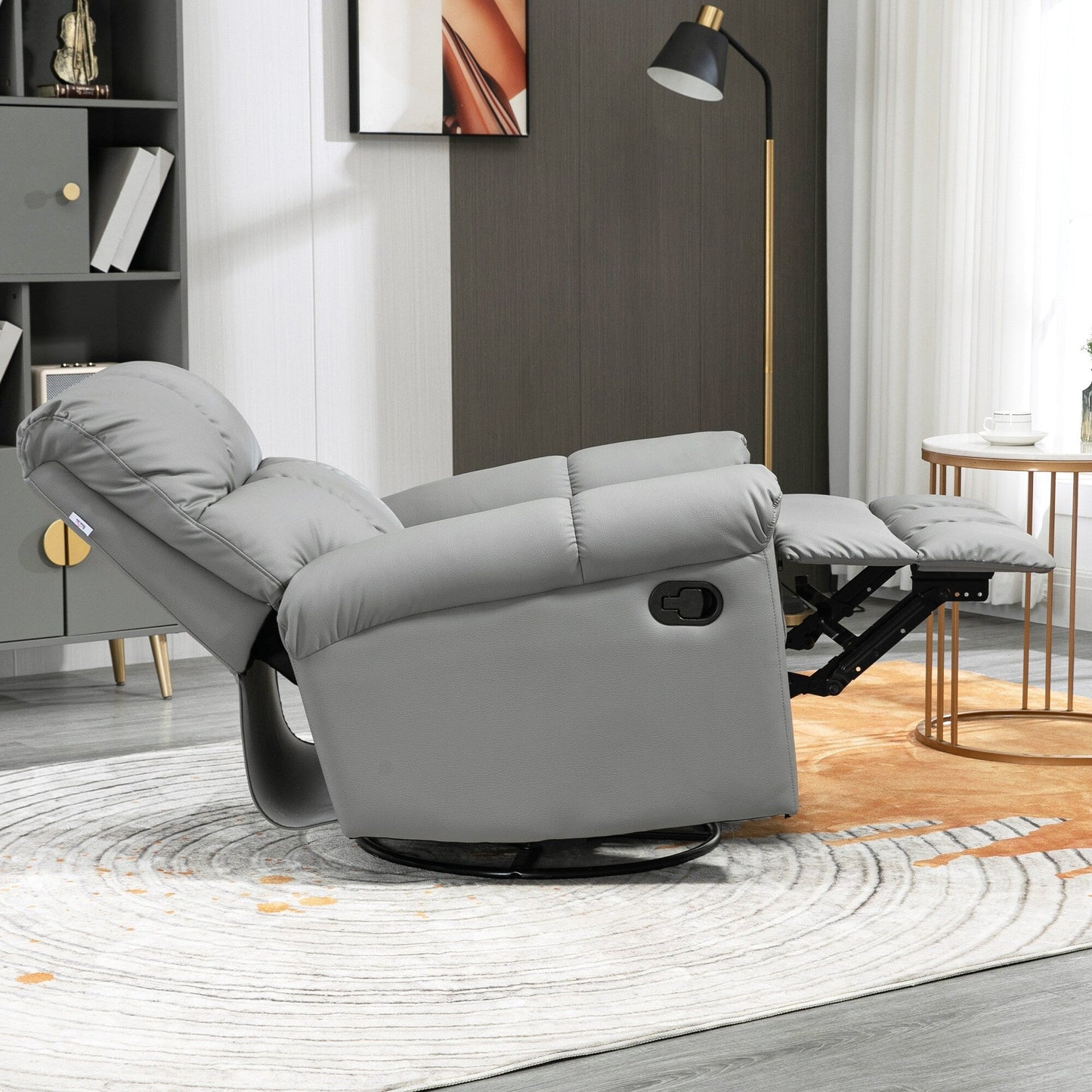Manual Reclining Rocker Chair with Overstuffed Cushion, Faux Leather Upholstery, 360° Swivel, and Extendable Footrest