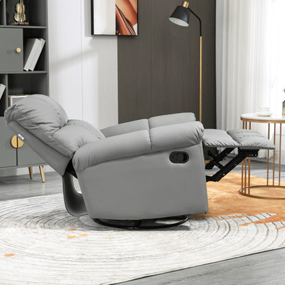 Manual Reclining Rocker Chair with Overstuffed Cushion, Faux Leather Upholstery, 360° Swivel, and Extendable Footrest