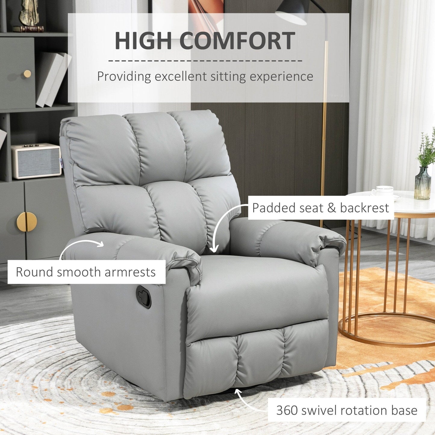 Manual Reclining Rocker Chair with Overstuffed Cushion, Faux Leather Upholstery, 360° Swivel, and Extendable Footrest