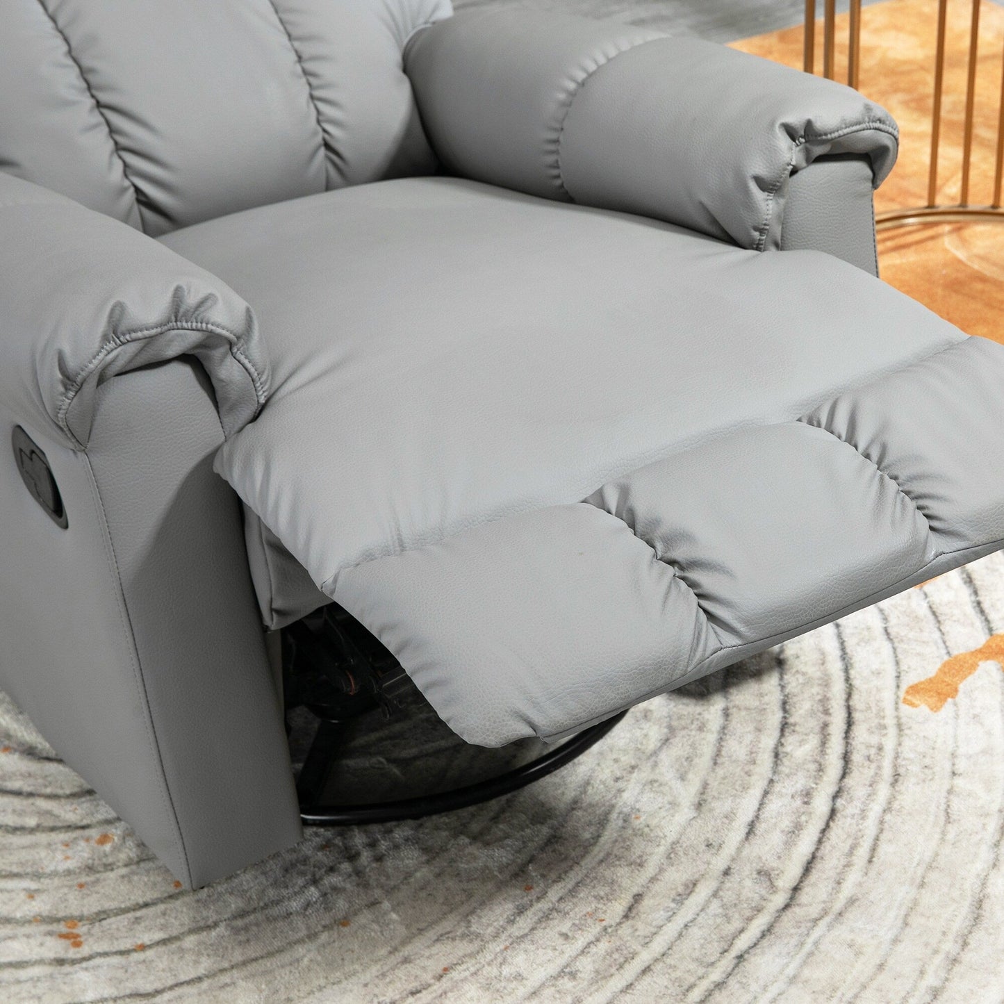 Manual Reclining Rocker Chair with Overstuffed Cushion, Faux Leather Upholstery, 360° Swivel, and Extendable Footrest