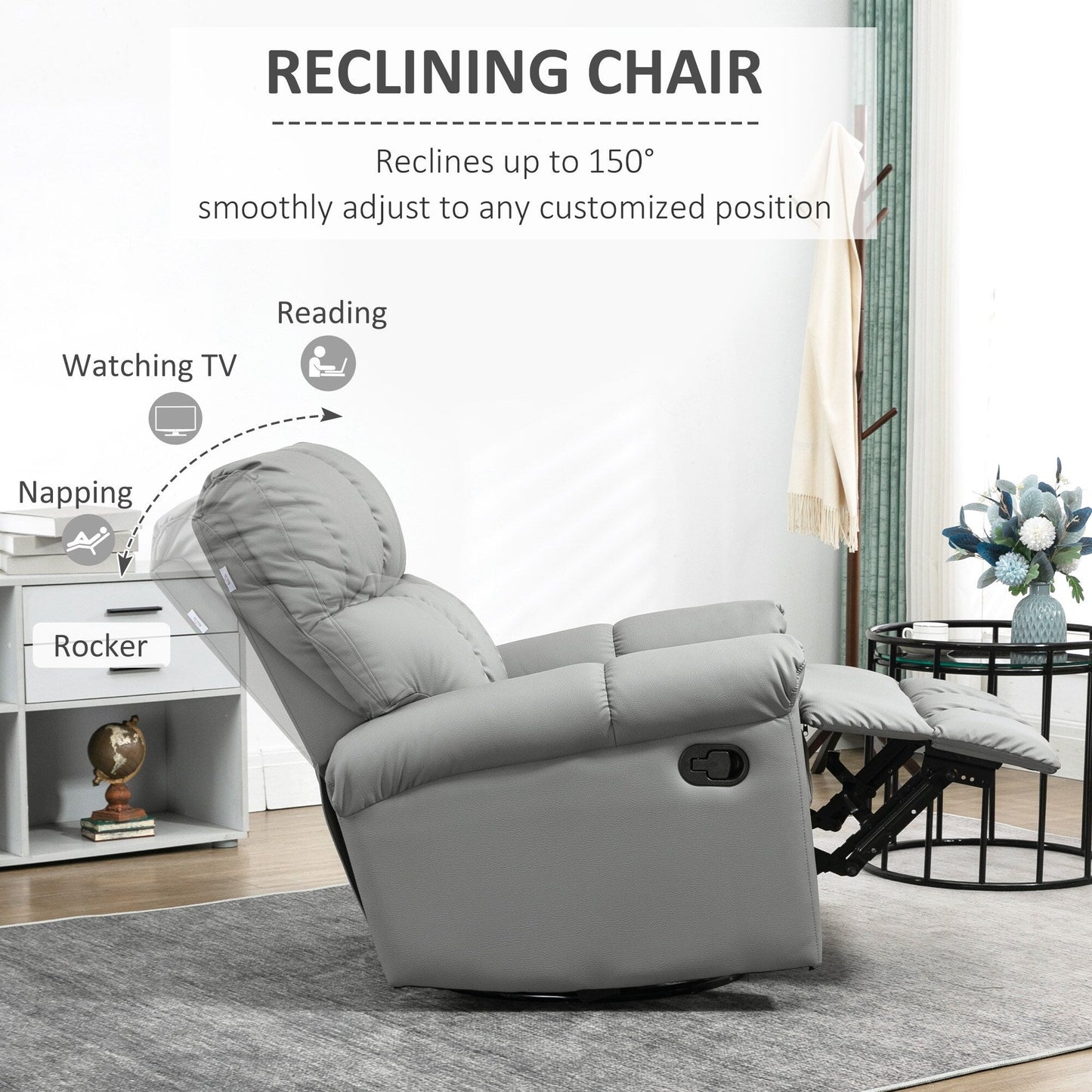 Manual Reclining Rocker Chair with Overstuffed Cushion, Faux Leather Upholstery, 360° Swivel, and Extendable Footrest