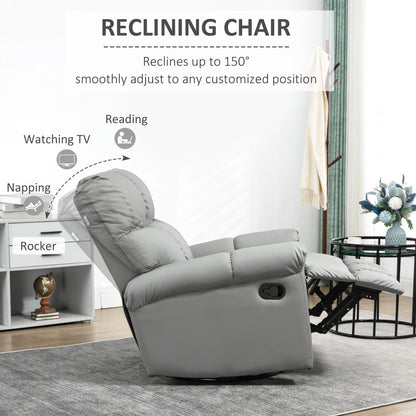 Manual Reclining Rocker Chair with Overstuffed Cushion, Faux Leather Upholstery, 360° Swivel, and Extendable Footrest