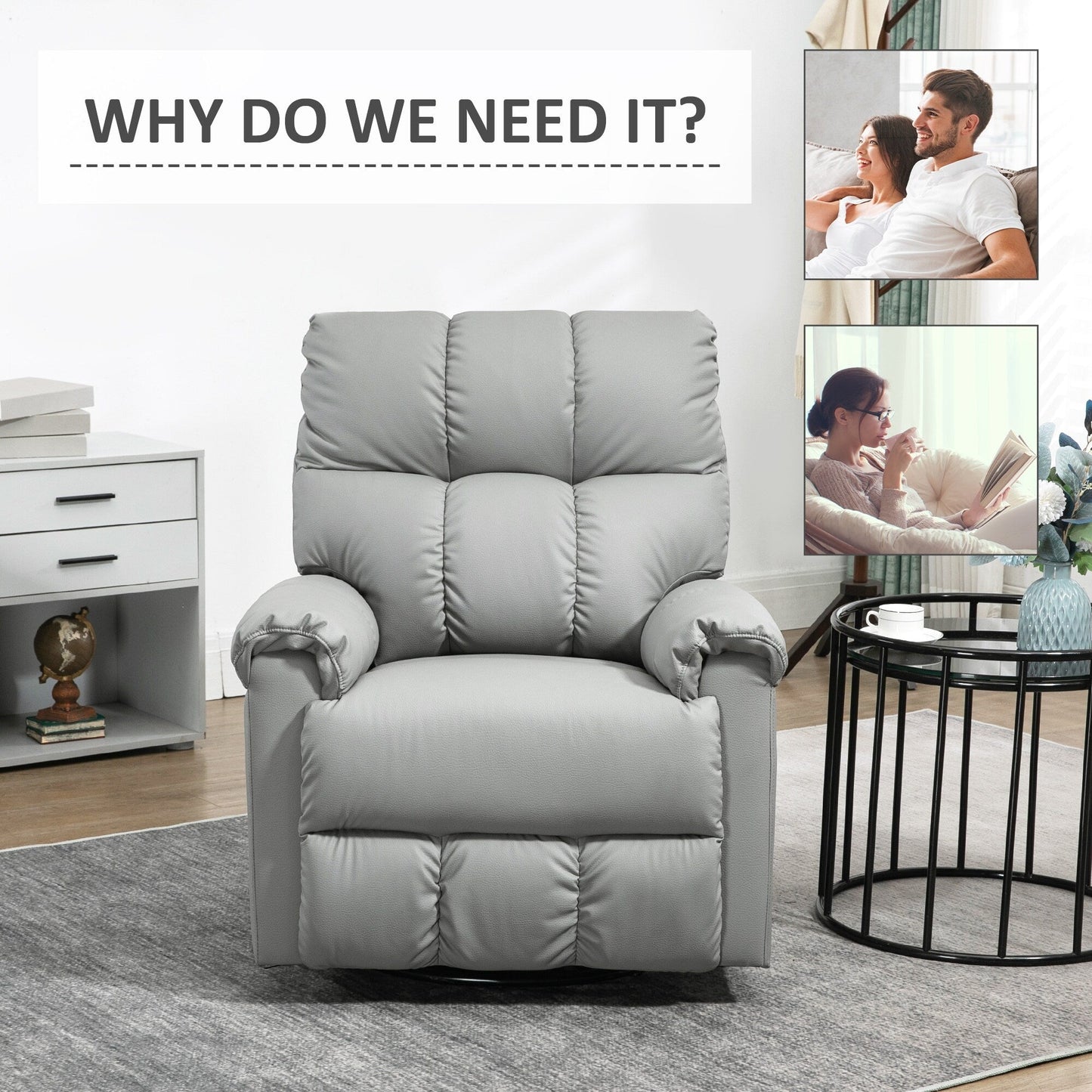 Manual Reclining Rocker Chair with Overstuffed Cushion, Faux Leather Upholstery, 360° Swivel, and Extendable Footrest