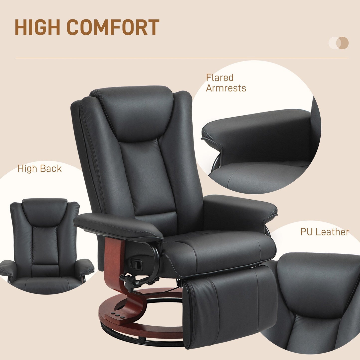 Manual Swivel Recliner Chair Adjustable PU Leather Lounge Chair High Back Armchair with Footrest and Padded