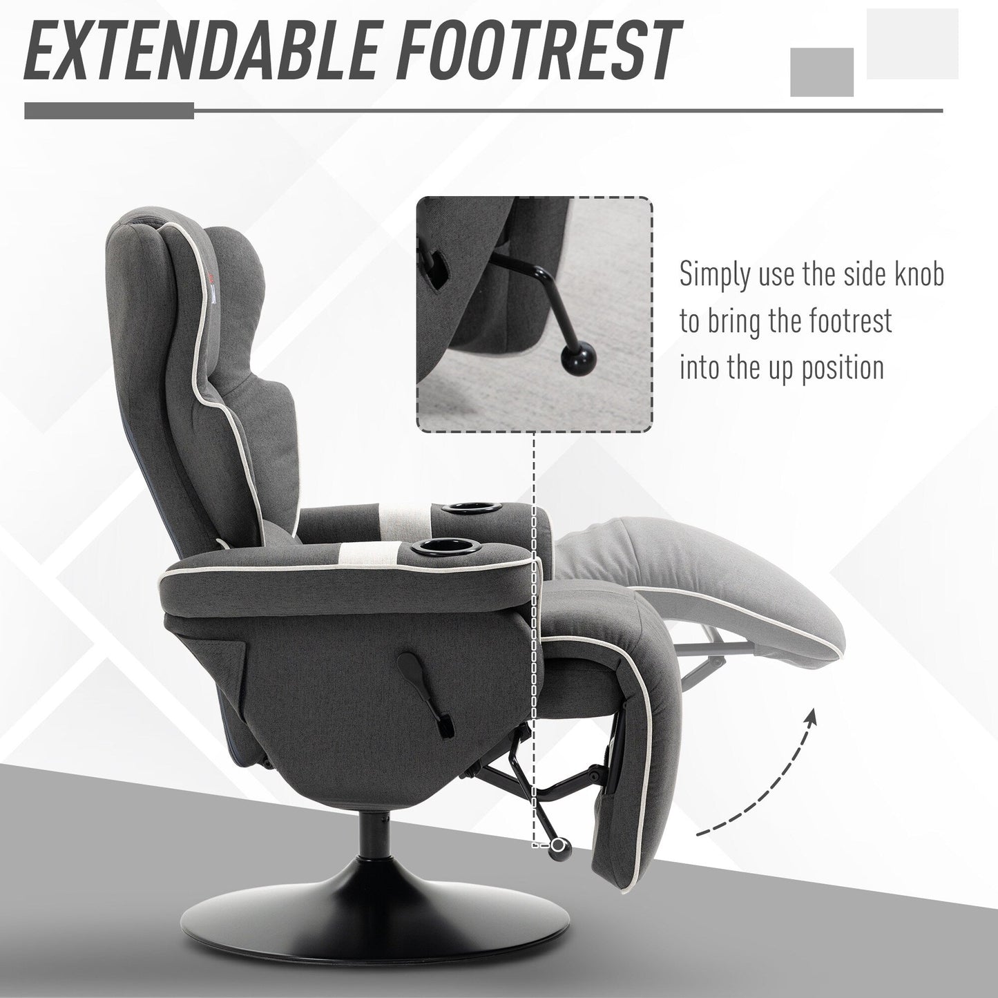 Manual Swivel Recliner Chair Linen Upholstered Lounge Chair with Adjustable Backrest, Footrest and Dual Cup Holders