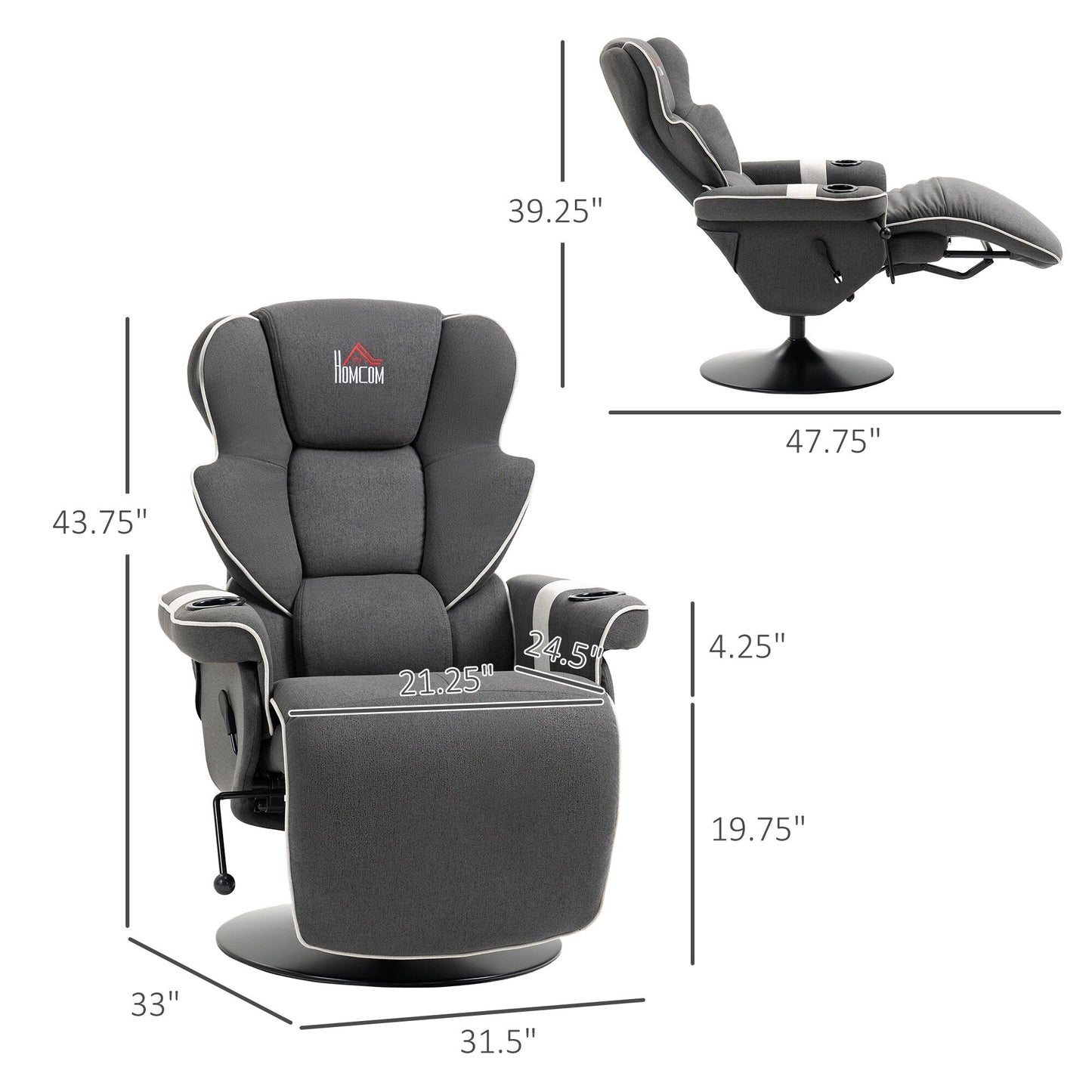 Manual Swivel Recliner Chair Linen Upholstered Lounge Chair with Adjustable Backrest, Footrest and Dual Cup Holders