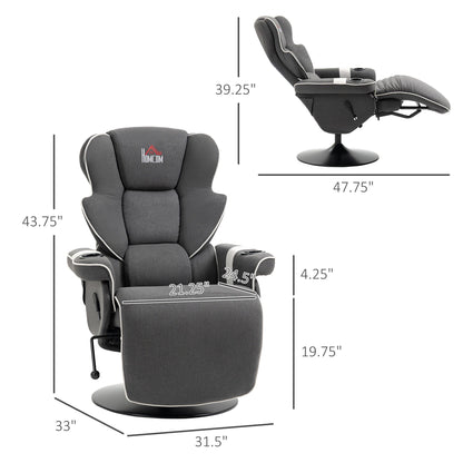 Manual Swivel Recliner Chair Linen Upholstered Lounge Chair with Adjustable Backrest, Footrest and Dual Cup Holders