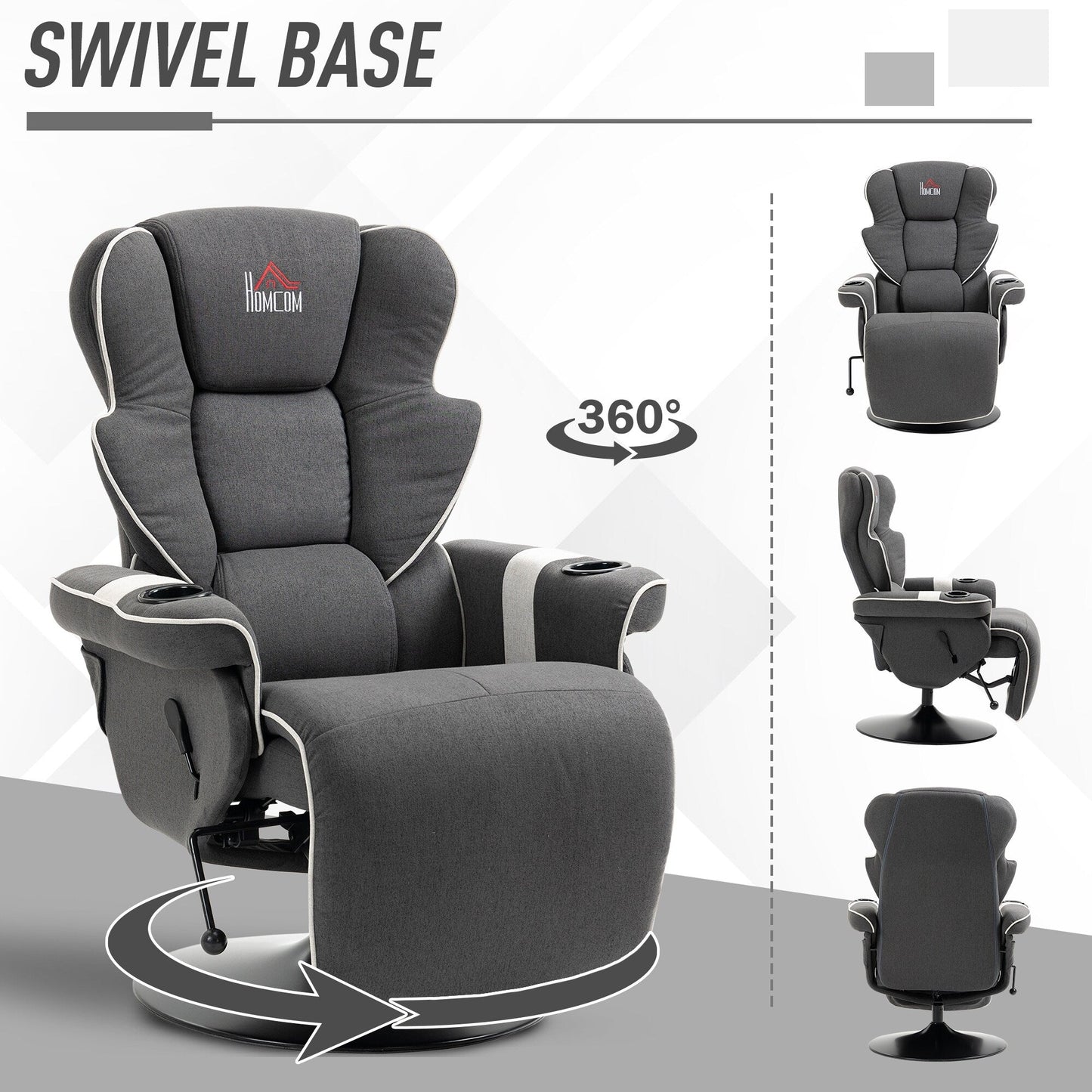Manual Swivel Recliner Chair Linen Upholstered Lounge Chair with Adjustable Backrest, Footrest and Dual Cup Holders