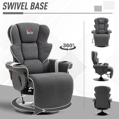 Manual Swivel Recliner Chair Linen Upholstered Lounge Chair with Adjustable Backrest, Footrest and Dual Cup Holders