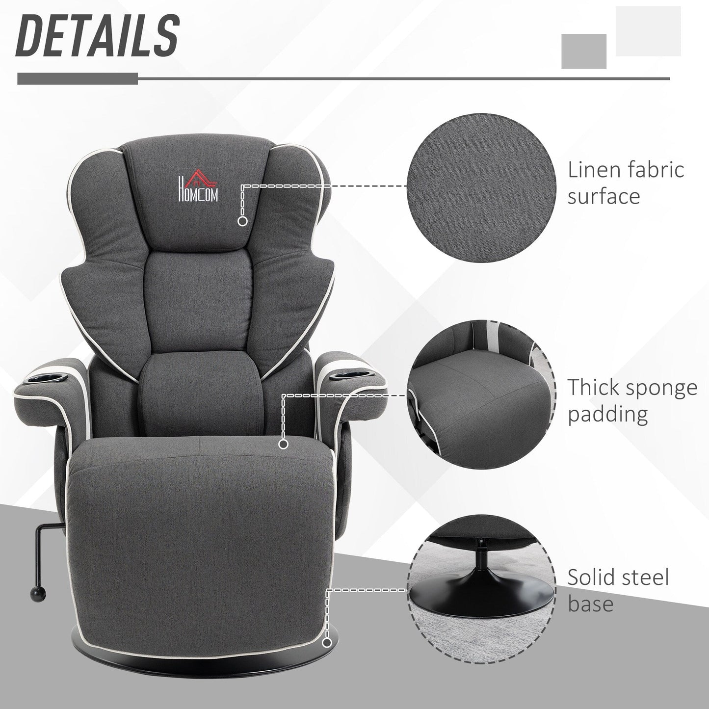 Manual Swivel Recliner Chair Linen Upholstered Lounge Chair with Adjustable Backrest, Footrest and Dual Cup Holders