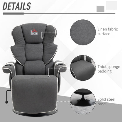 Manual Swivel Recliner Chair Linen Upholstered Lounge Chair with Adjustable Backrest, Footrest and Dual Cup Holders
