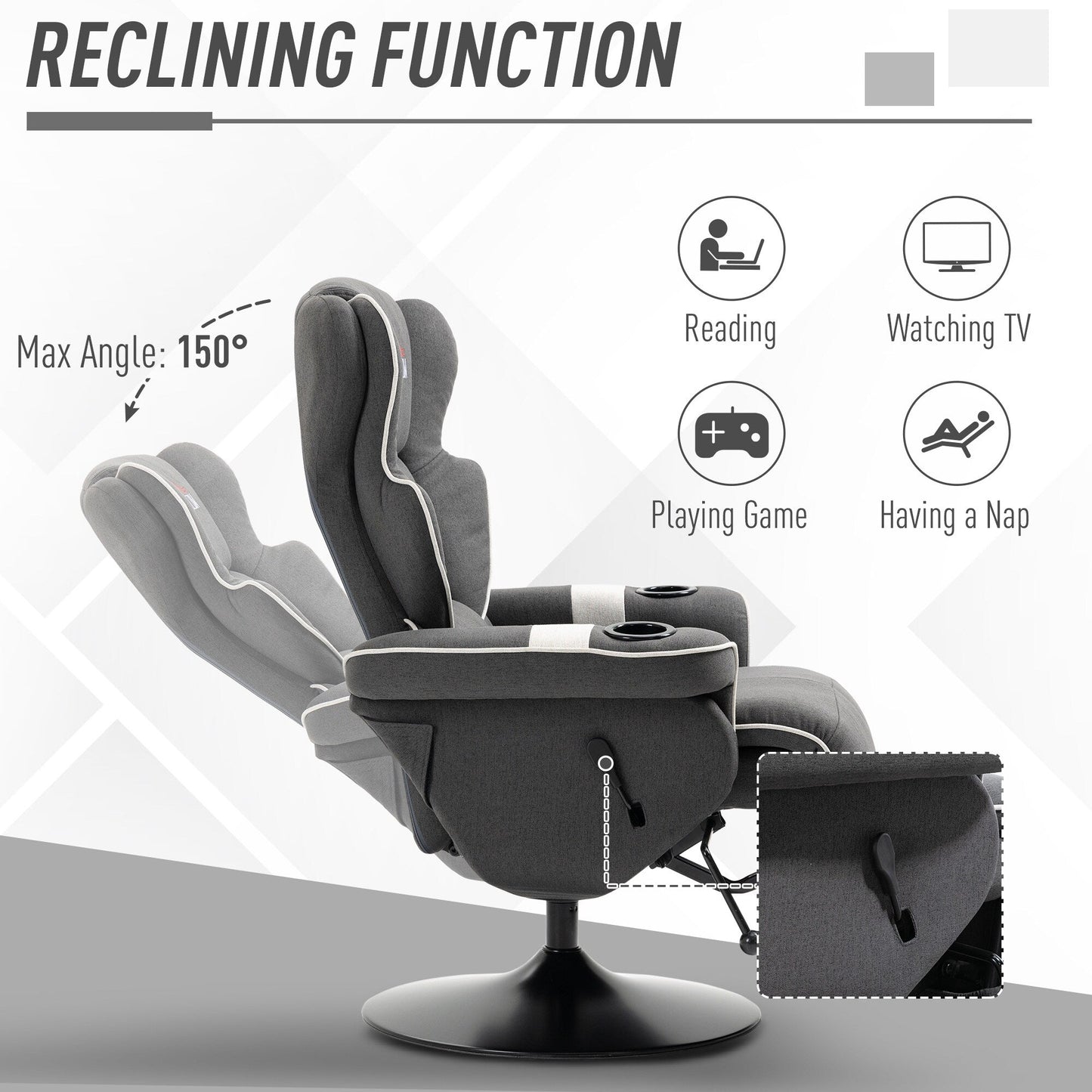 Manual Swivel Recliner Chair Linen Upholstered Lounge Chair with Adjustable Backrest, Footrest and Dual Cup Holders