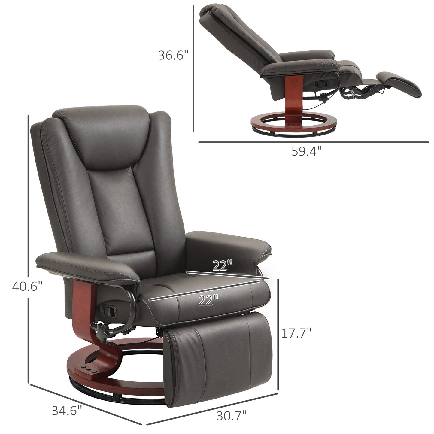 Manual Swivel Recliner Chair PU Leather Lounge Chair Adjustable Backrest Reading Chair with Built in Footrest