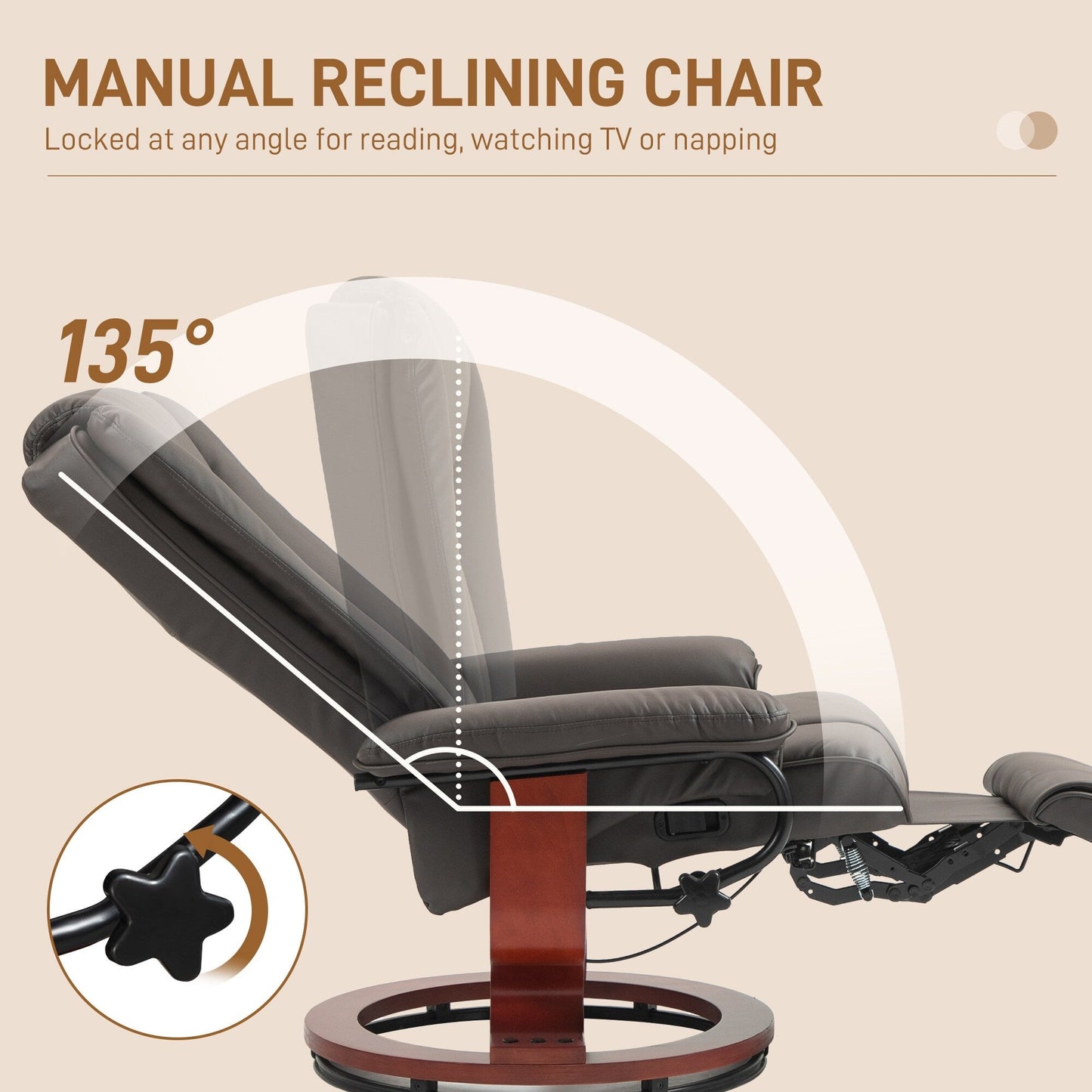 Manual Swivel Recliner Chair PU Leather Lounge Chair Adjustable Backrest Reading Chair with Built in Footrest