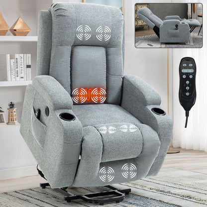 Massage Heat Power Lift Recliner Chair, USB Port, Dual Cup Holders