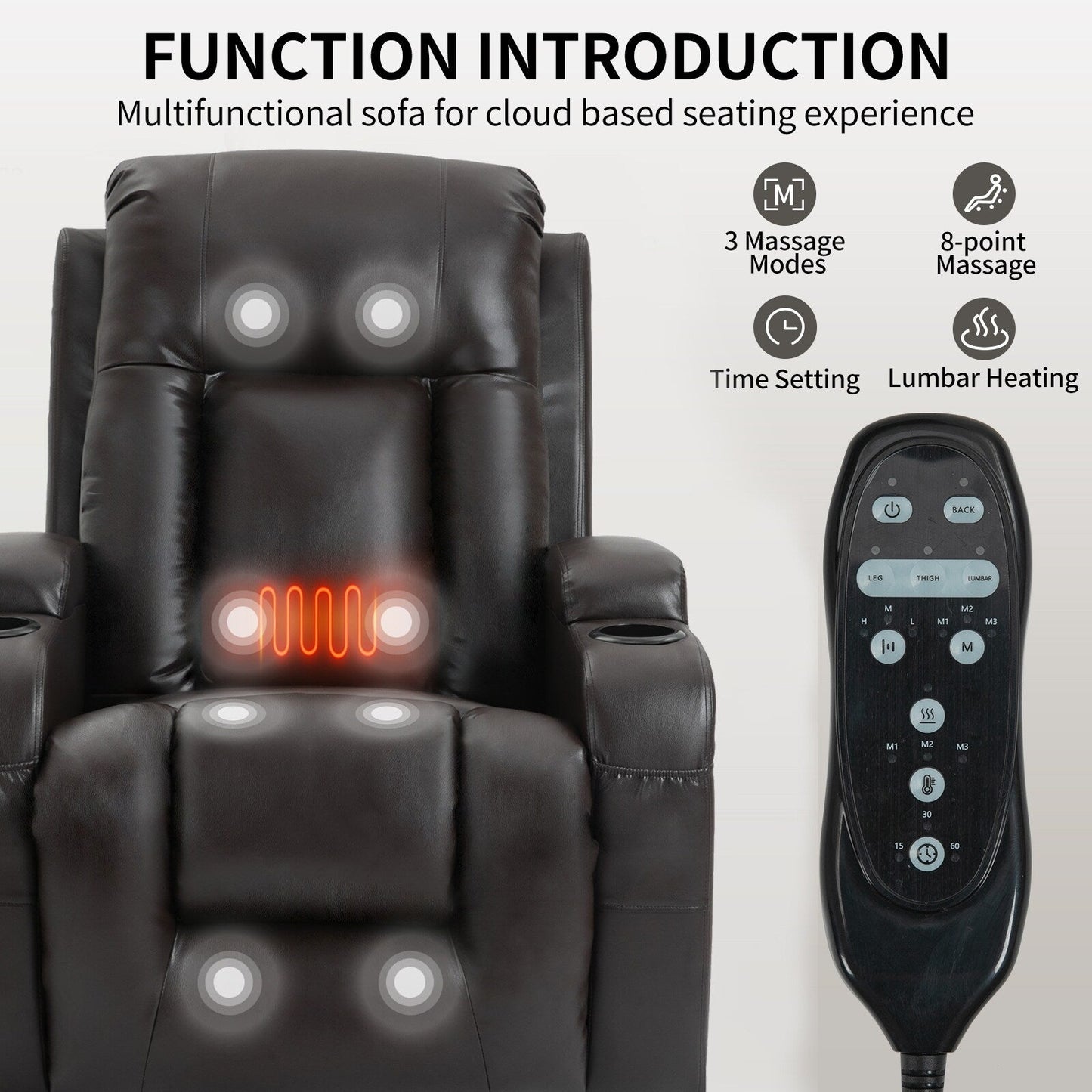 Massage Heat Power Lift Recliner Chair, USB Port, Dual Cup Holders