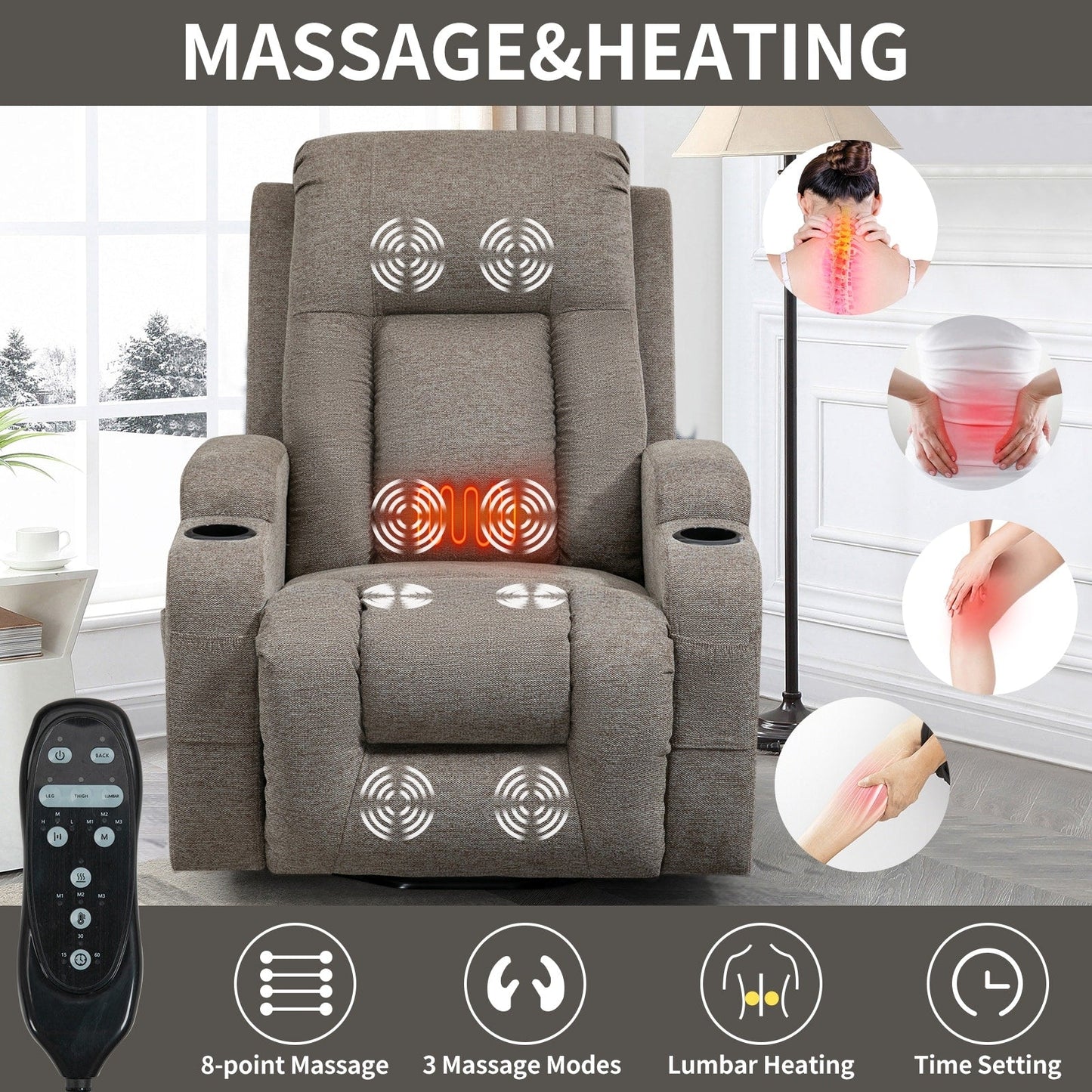 Massage Heat Power Lift Recliner Chair, USB Port, Dual Cup Holders
