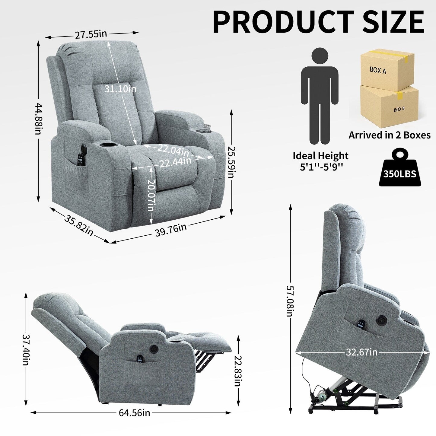 Massage Heat Power Lift Recliner Chair, USB Port, Dual Cup Holders